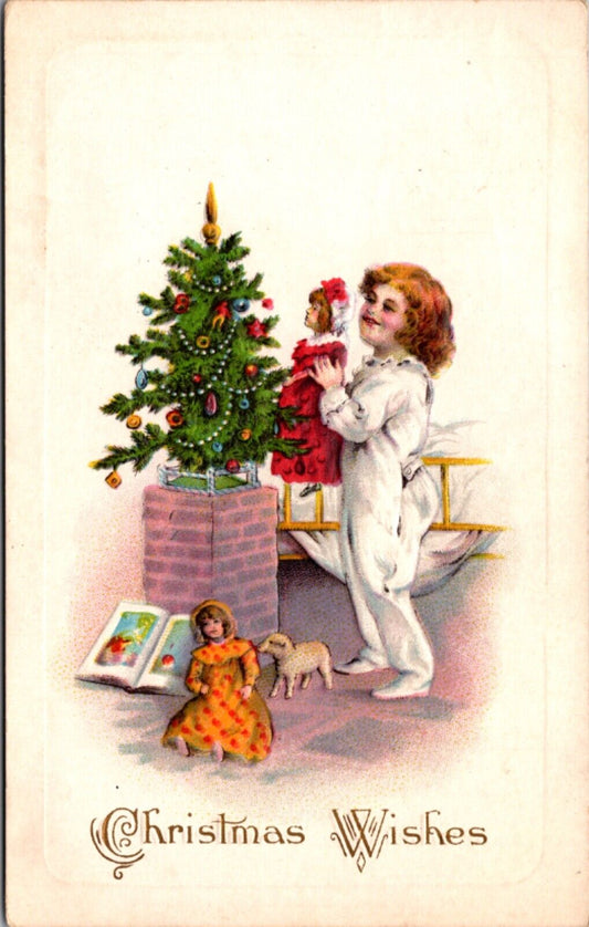 Christmas Wishes Postcard Little Girl Holding up Doll Tree Bedside Toys Book