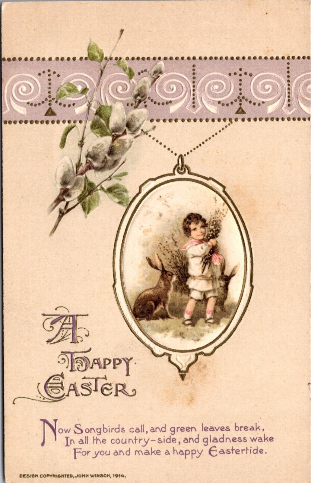 1914 Winsch Easter Postcard Young Child Bunny Rabbit Pussy Willow Plant