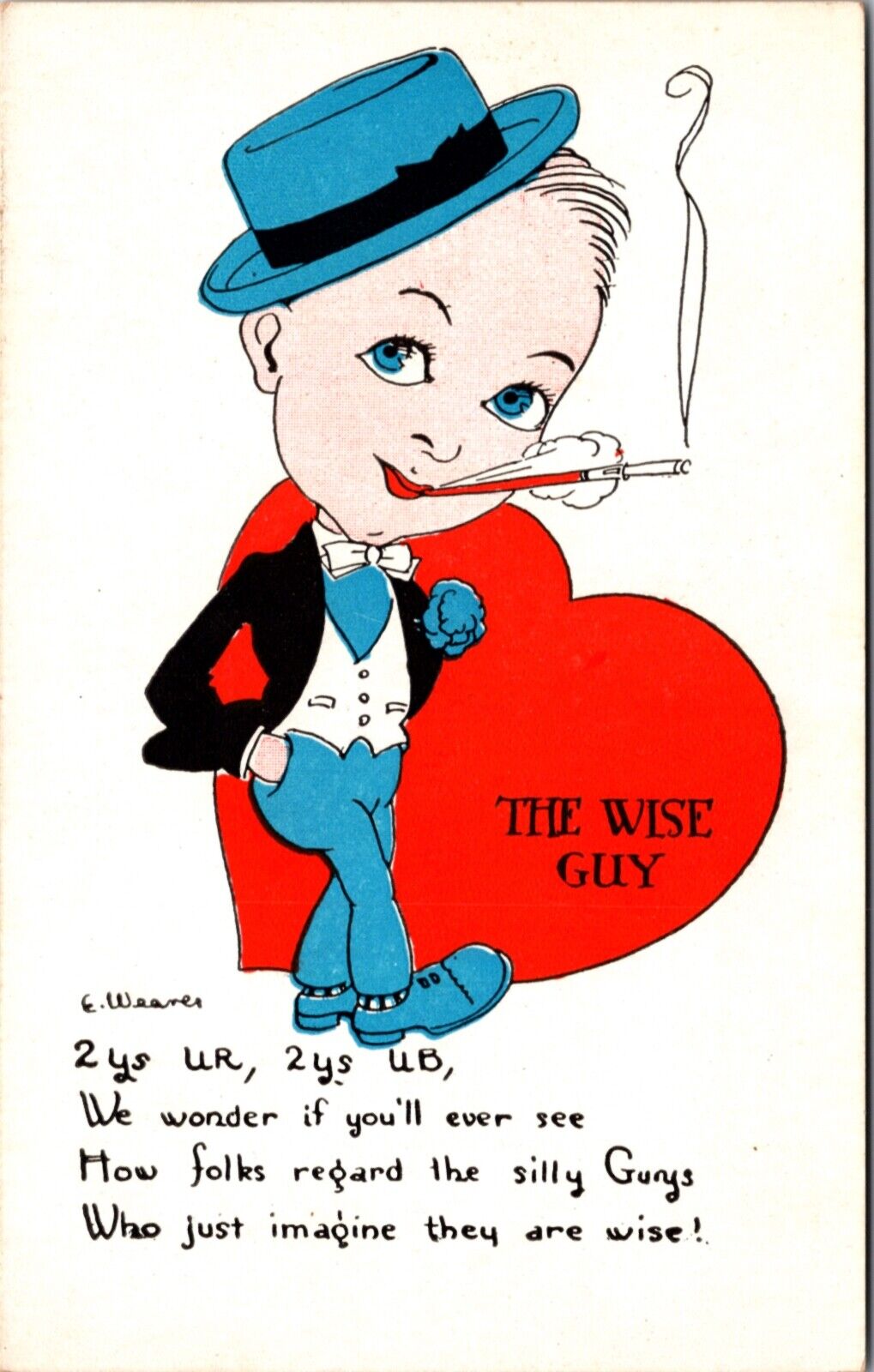 Valentine's Day Postcard The Wise Guy Comic Headed Boy Smoking Cigarette