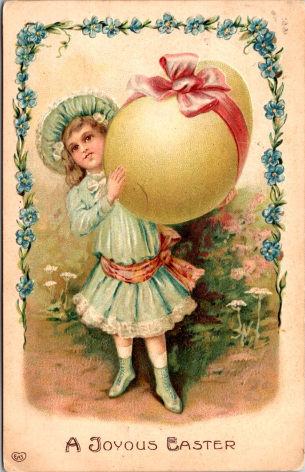 Easter Postcard Young Girl Holding Giant Yellow Egg Forget-me-not Flowers