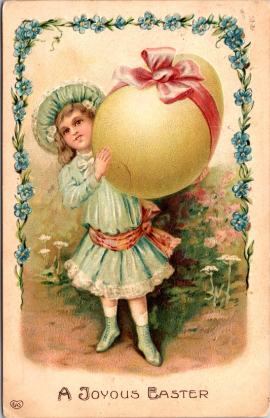 Easter Postcard Young Girl Holding Giant Yellow Egg Forget-me-not Flowers