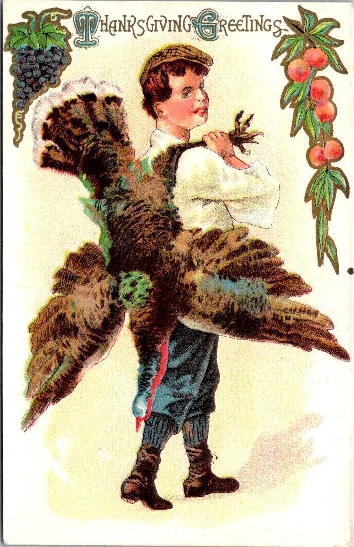 Thanksgiving Postcard Boy Carrying Dead Turkey Over His Shoulder Grape Vine