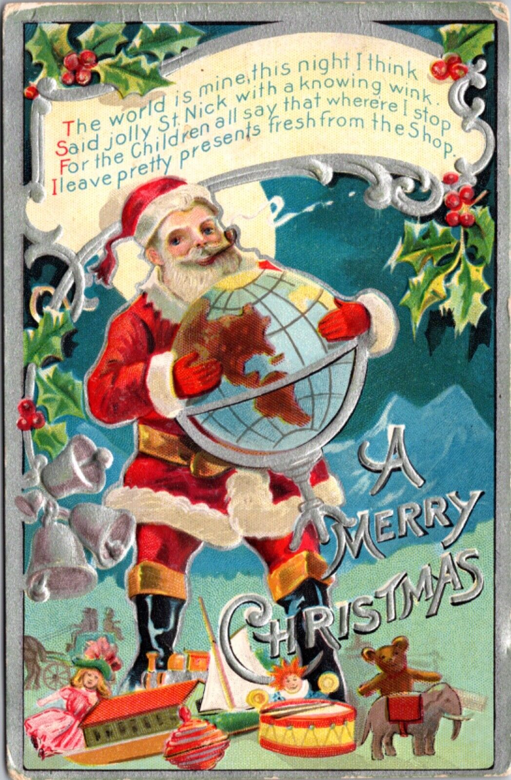 Christmas Postcard Santa Claus Smoking Pipe Holding Globe Toys Drum Doll Holly