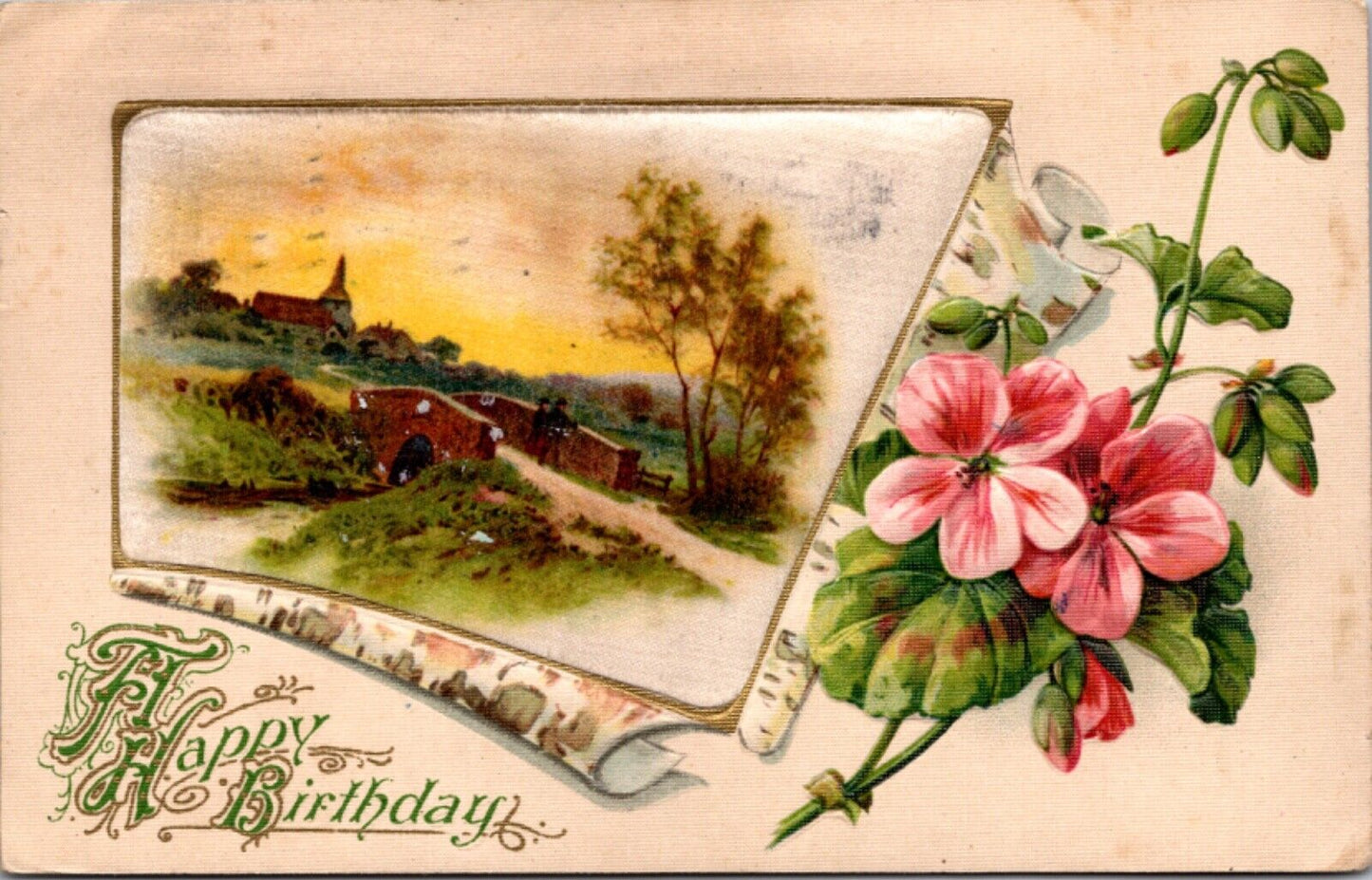 Silk Happy Birthday Postcard Bridge Town Country Flowers