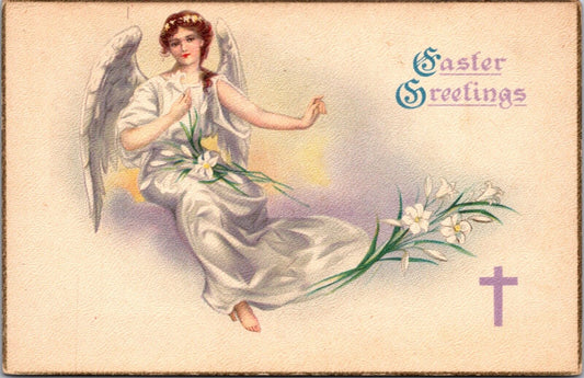 Easter Postcard Gorgeous Angel with Lily Flowers Purple Cross