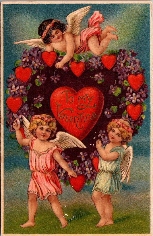 Valentine Postcard Three Cupid Cherub Angels Hearts and Flowers