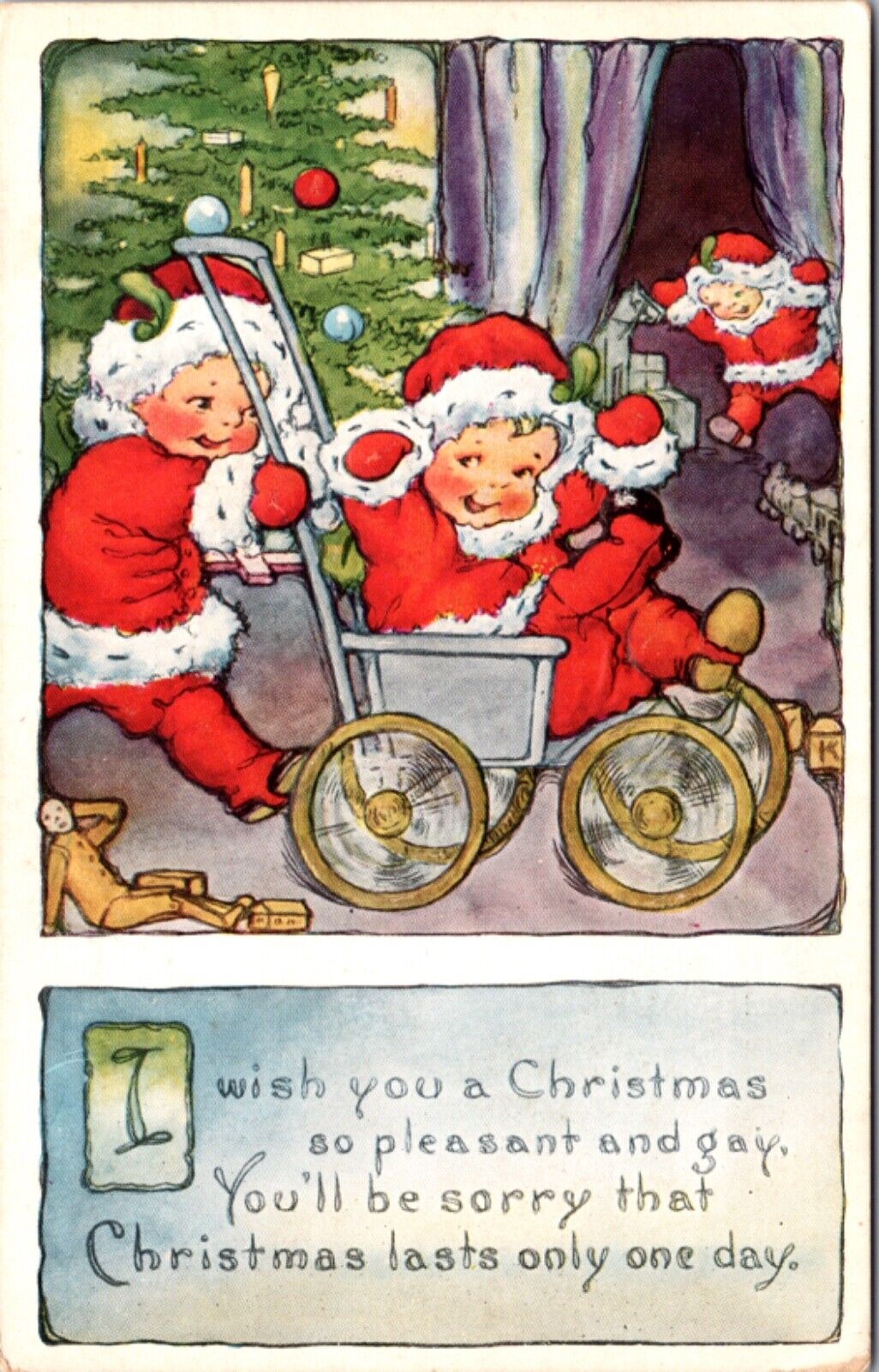 Christmas Postcard Babies Dressed Like Santas Playing with a Stroller Presents