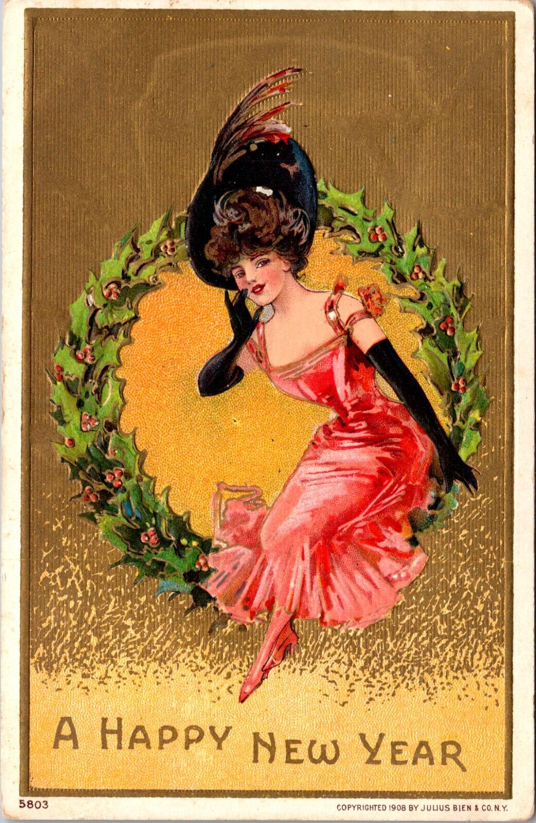 1908 Happy New Year Postcard Woman Sitting in Holly Wreath