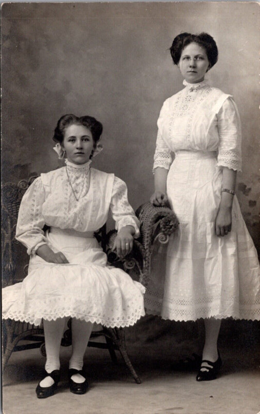 Real Photo Studio Postcard Two Young Women Wearing Matching Dresses Wedding Ring