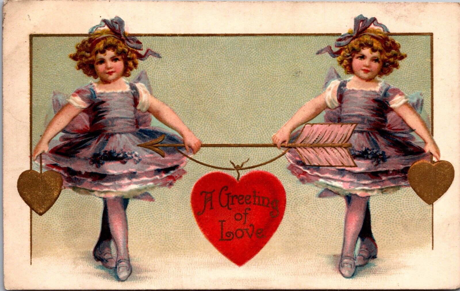 Valentine PC Two Girls Dressed in Purple Arrow Gold Hearts A Greeting of Love