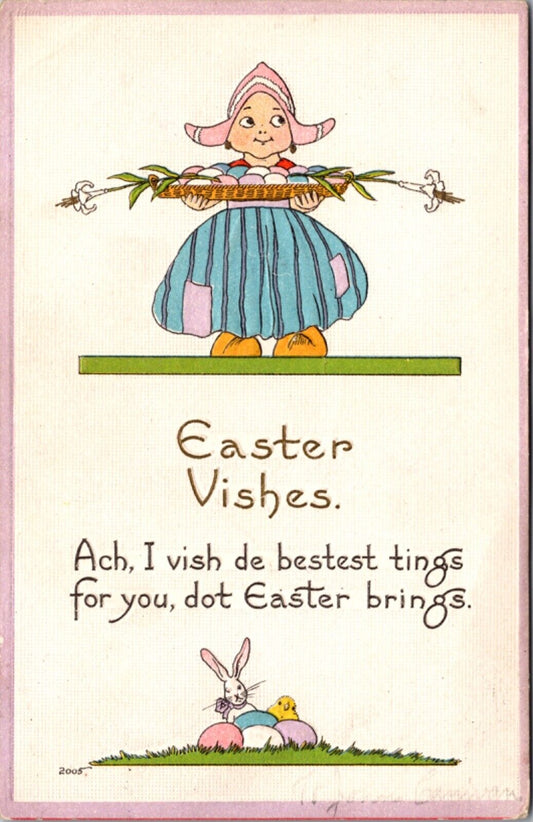 Easter Postcard Dutch Girl Holding Platter of Colored Eggs, Lily Flowers