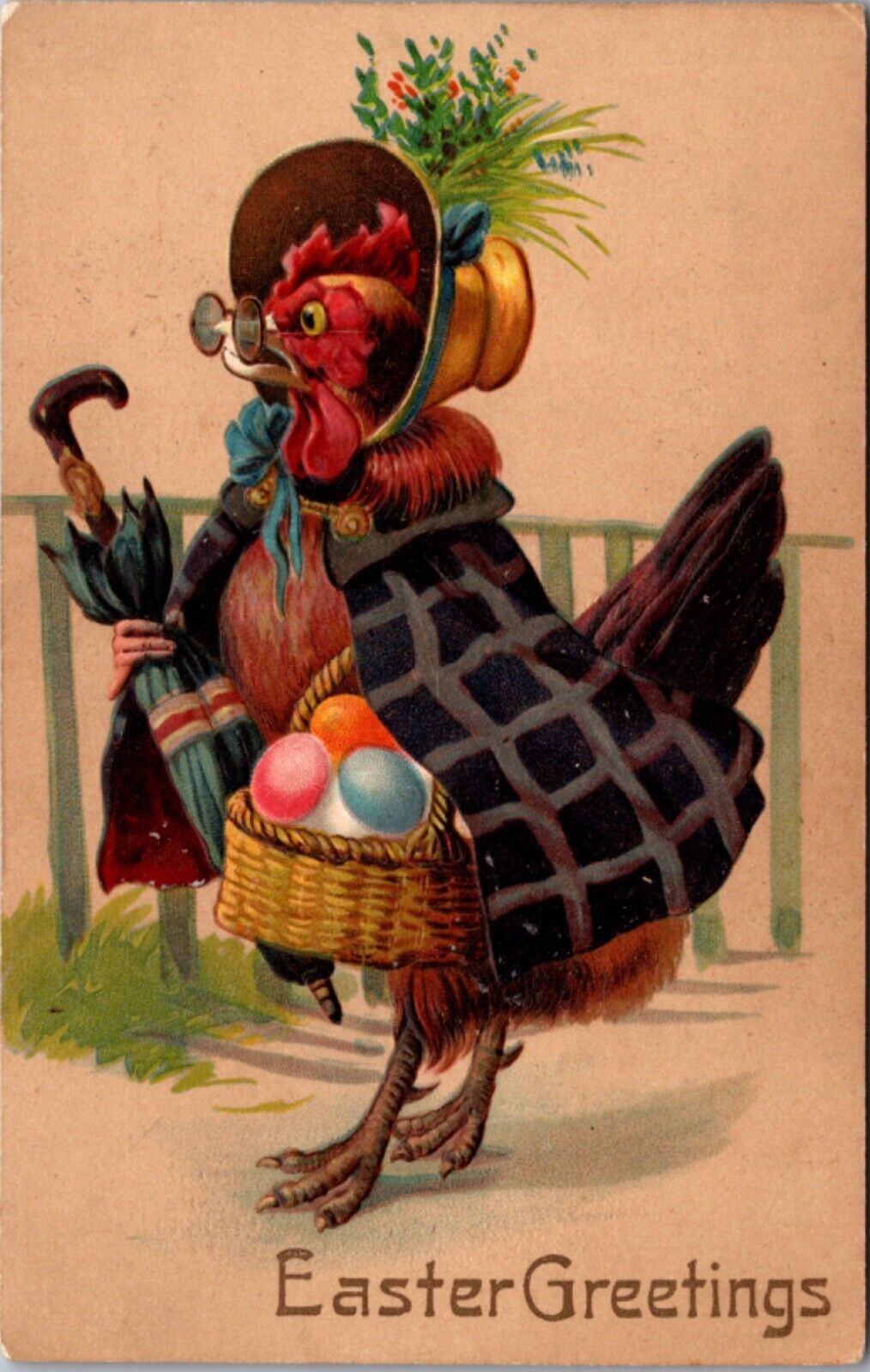 Easter Postcard Dressed Bonnet Cloak Chicken Carrying Colored Eggs and Umbrella