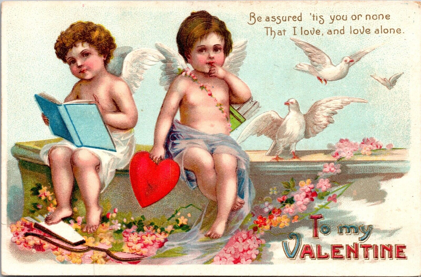 Valentine Postcard Cupid Cherub Reading Book Holding Heart White Doves Flowers