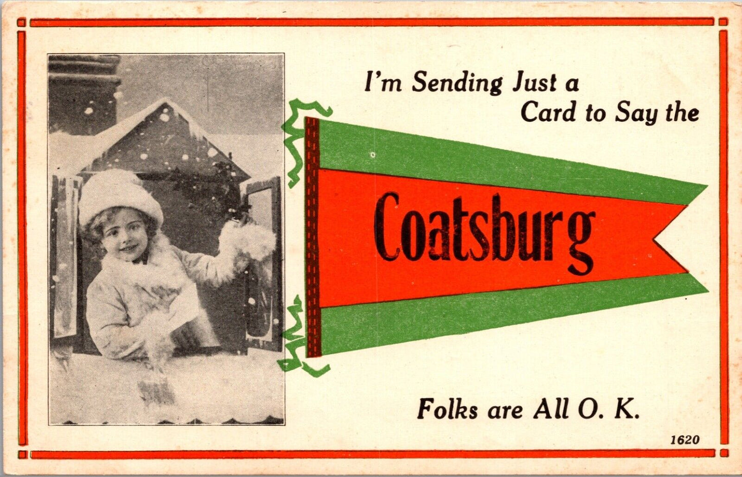 Christmas Postcard Little Girl Snowy Window Pennant Flag Coatsburg, Illinois