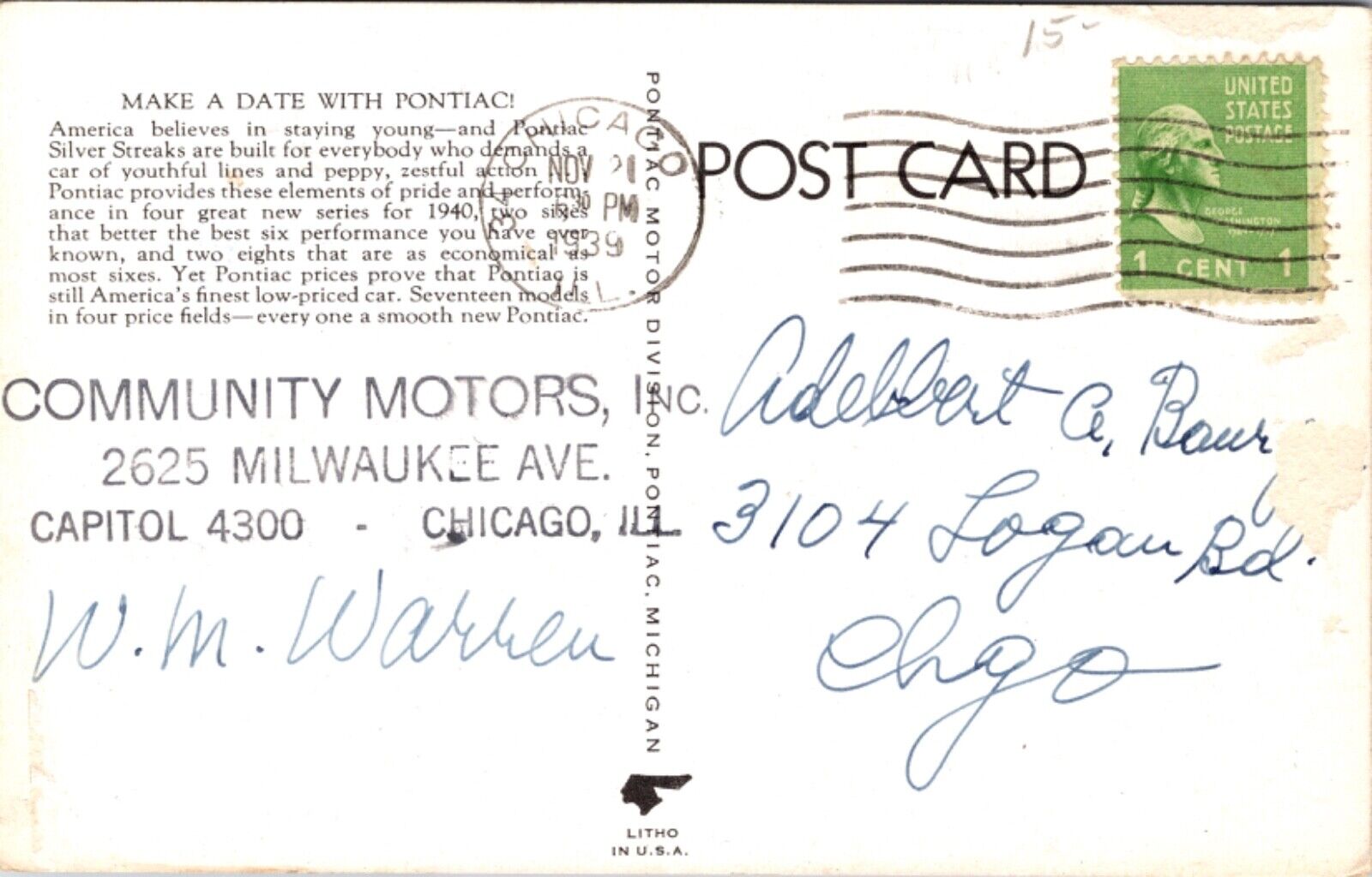 Advertising PC Pinup Girl Pontiac Automobile Community Motors Chicago, Illinois