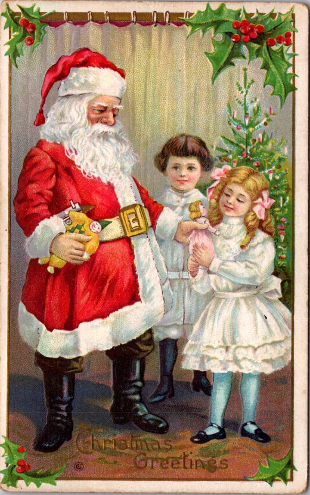 Christmas Postcard Santa Claus Handing Toys and Dolls To Young Children