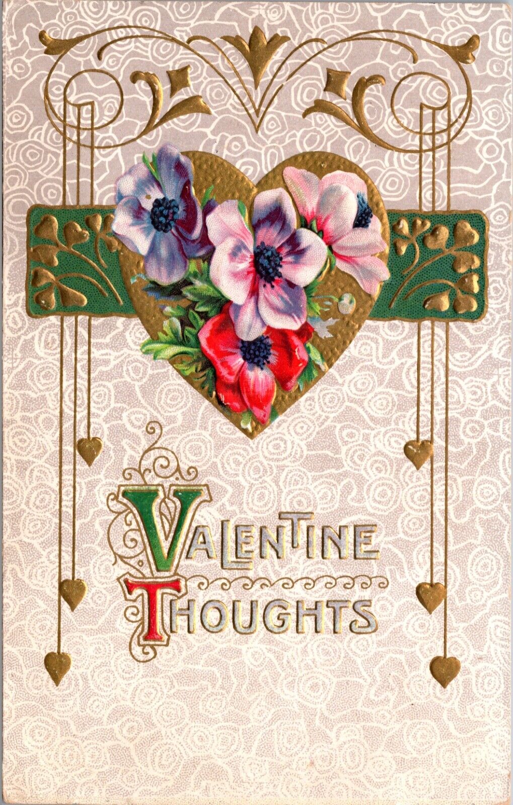 Valentine Thoughts Postcard Gold Heart Clover Shamrock Flowers