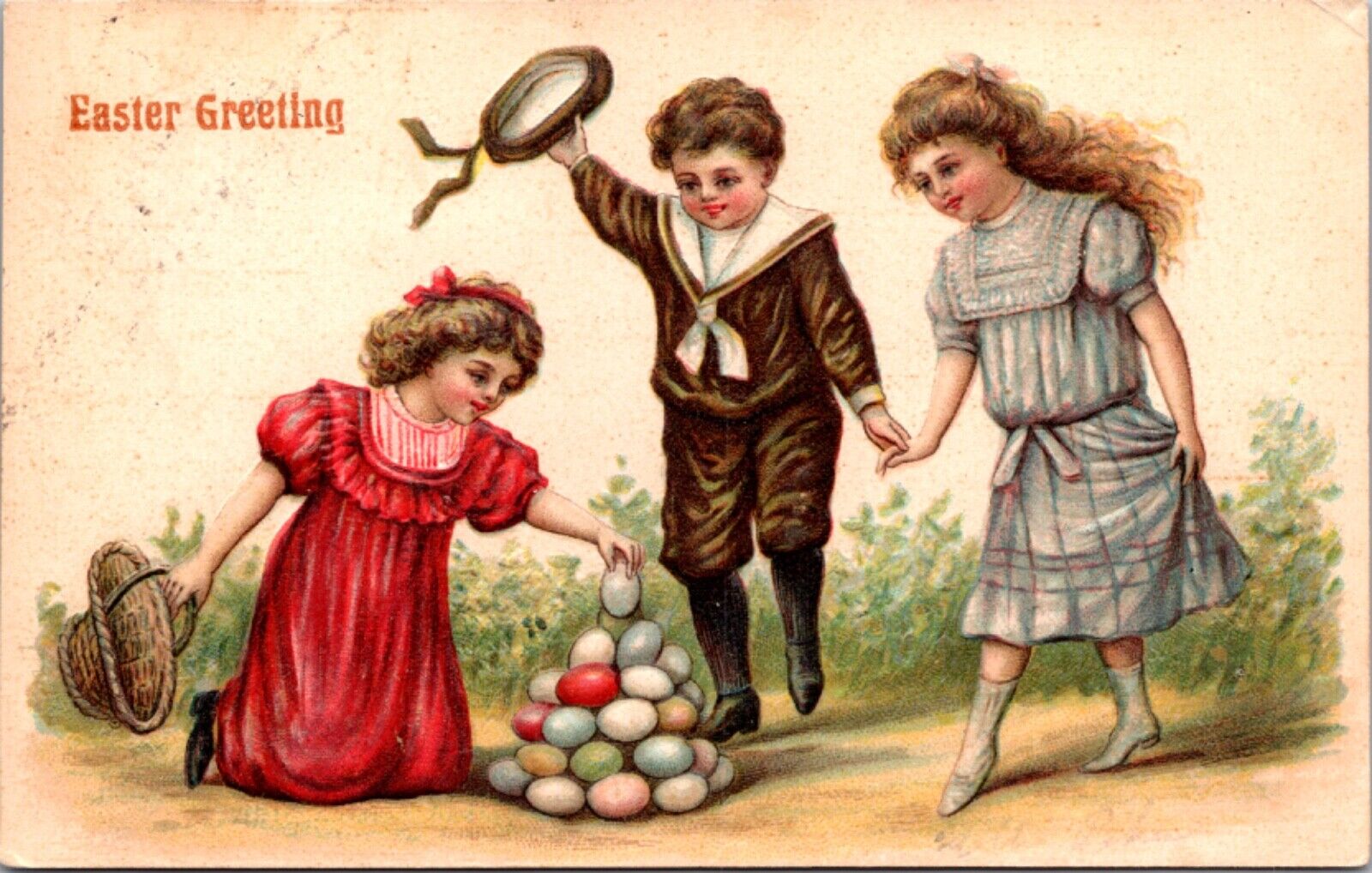 Easter Postcard Three Children Stacking Colored Eggs Outside