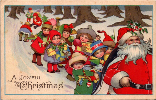 Christmas Postcard Parade of Children Following Santa Claus Through Forest