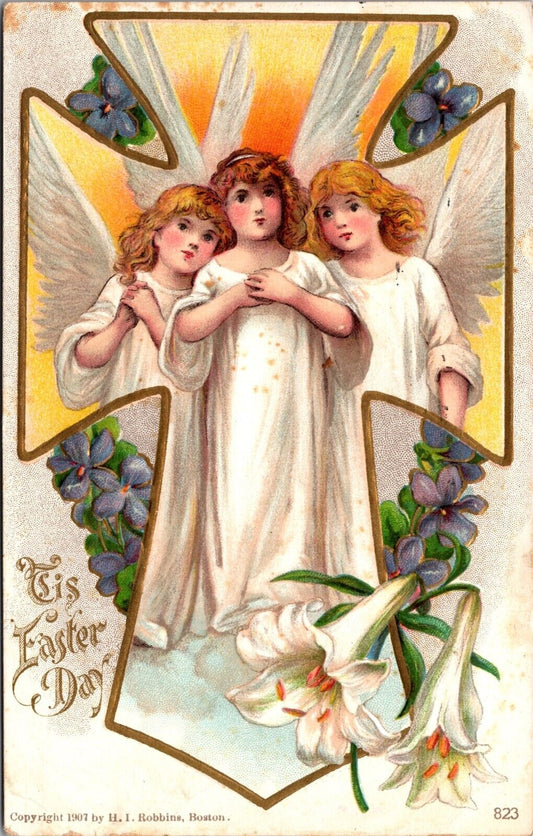 Religious Easter Postcard Three Angels Inside of a Cross, Lily Flower