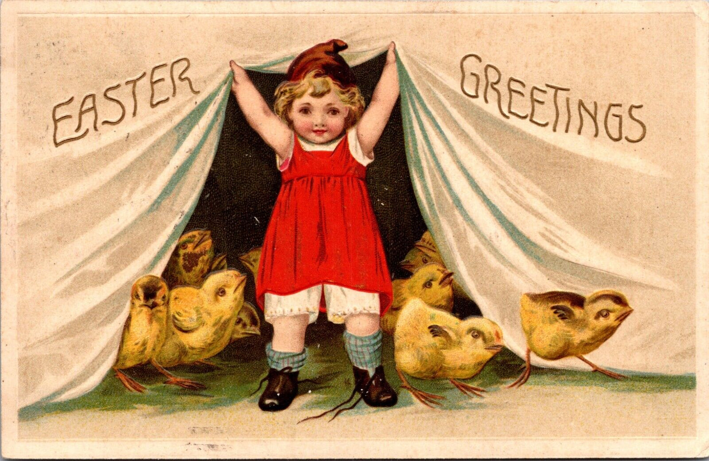 Easter Greetings Postcard Little Girl Lifting Up Curtain for Chicks To Walk Out