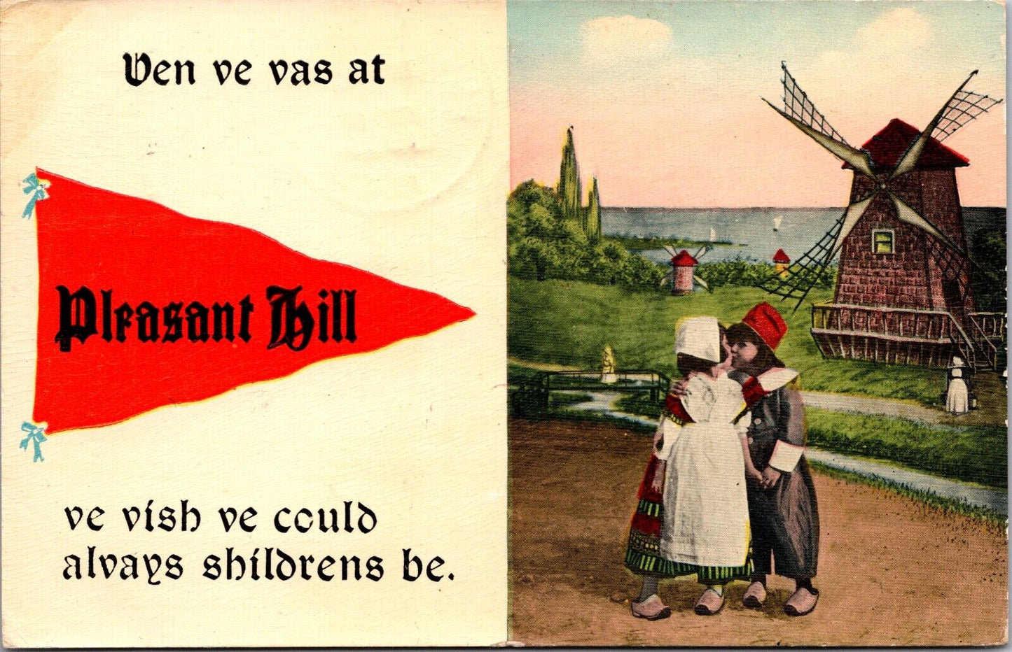 Advertising Postcard Pennant Flag Boy and Girl Lovers Pleasant Hill, Illinois