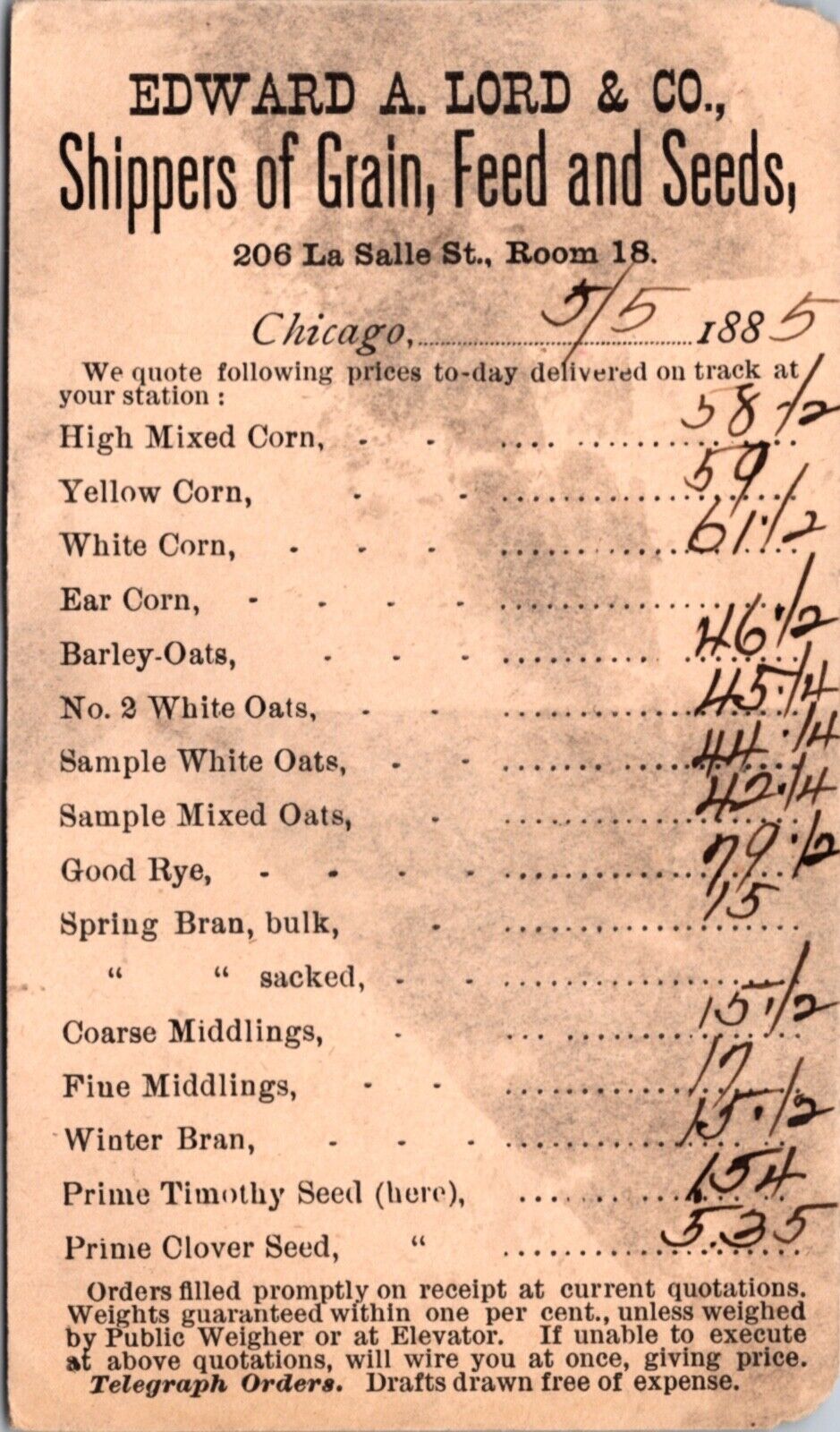 1885 Receipt PC Edward A. Lord Shippers of Grain Feed and Seeds Chicago Illinois