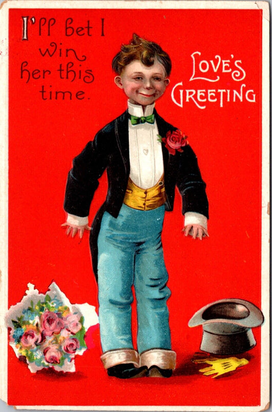 Valentine's Day PC Tuxedo Dressed Boy Top Hat Flower Bouquet Love's Greeting