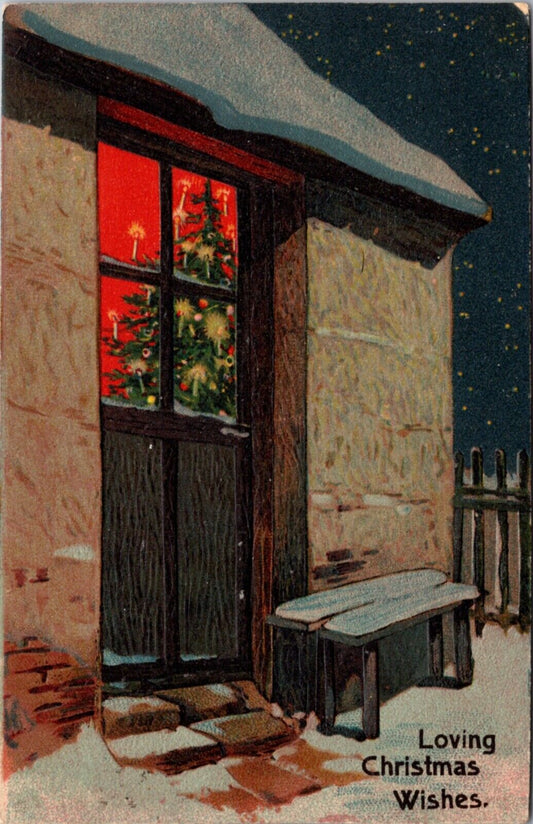 Christmas Postcard Looking Into a Snow Covered House at Candlelit Tree