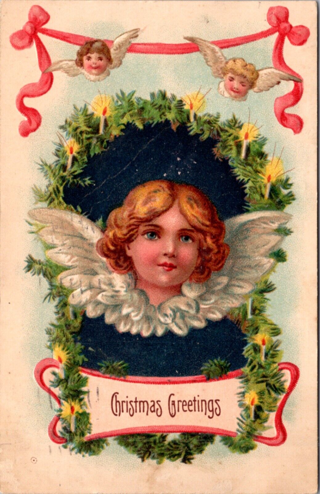 Christmas Postcard Angel Children Heads/Faces on Wings, Candles, Ribbons