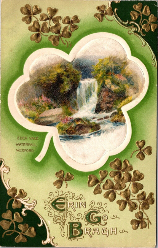 Silk St. Patrick's Day Postcard Erin Go Bragh Eden Vale Waterfall Wexford