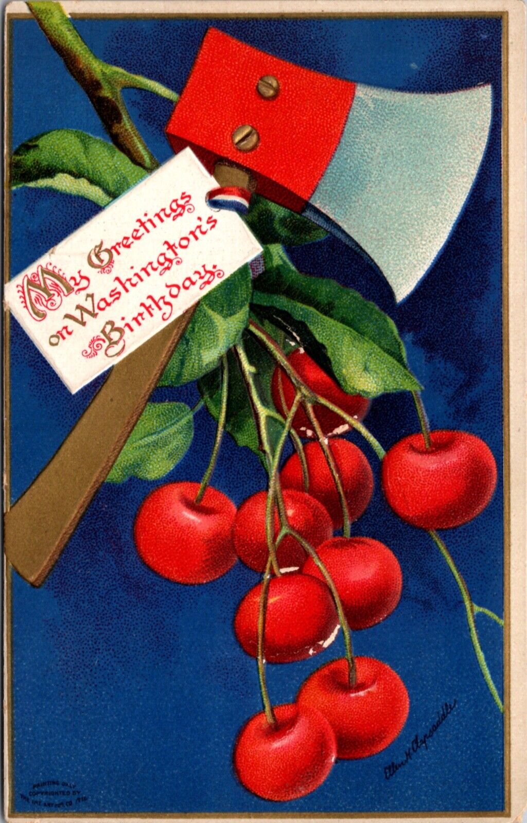 Clapsaddle Greetings Postcard George Washington's Birthday Axe and Cherry Branch