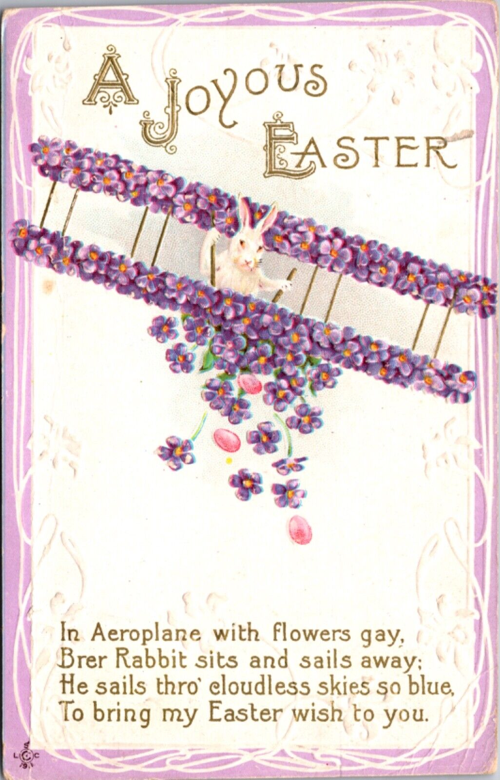 Easter Postcard White Bunny Rabbit Flying a Purple Flower Biplane Airplane