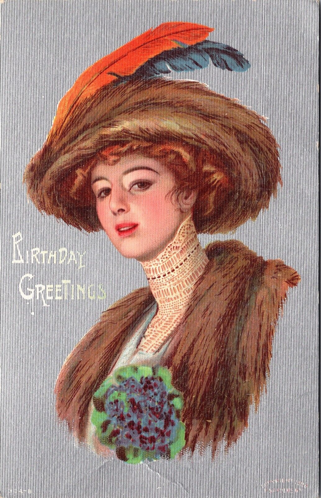 Birthday Greetings Postcard Well Dressed Woman Wearing Fur and Feathers