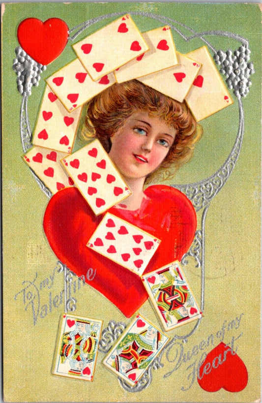 Valentine's Day Postcard Queen of My Heart Woman Inside Heart and Playing Cards