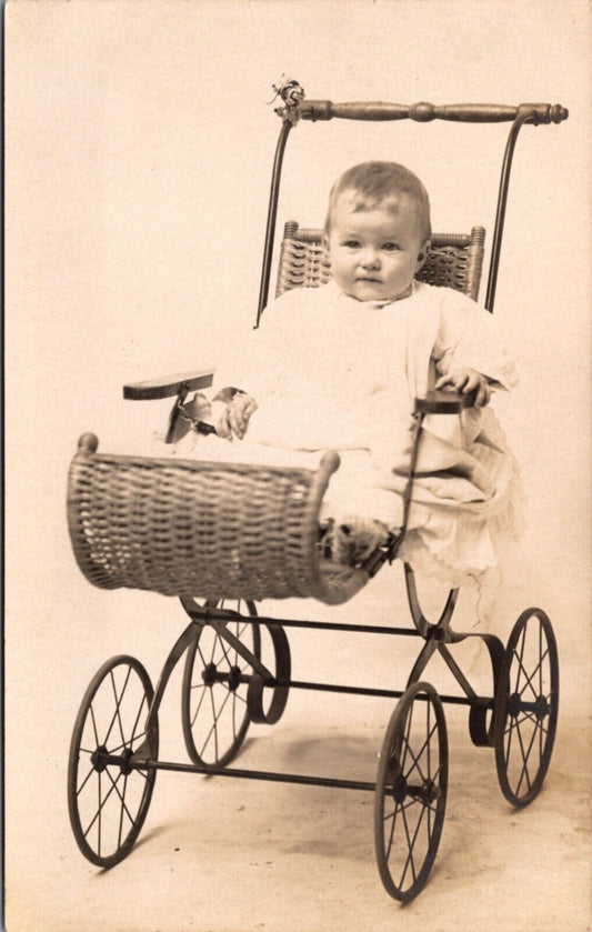 Real Photo Postcard Young Baby Child in Baby Carriage Stroller Buggy