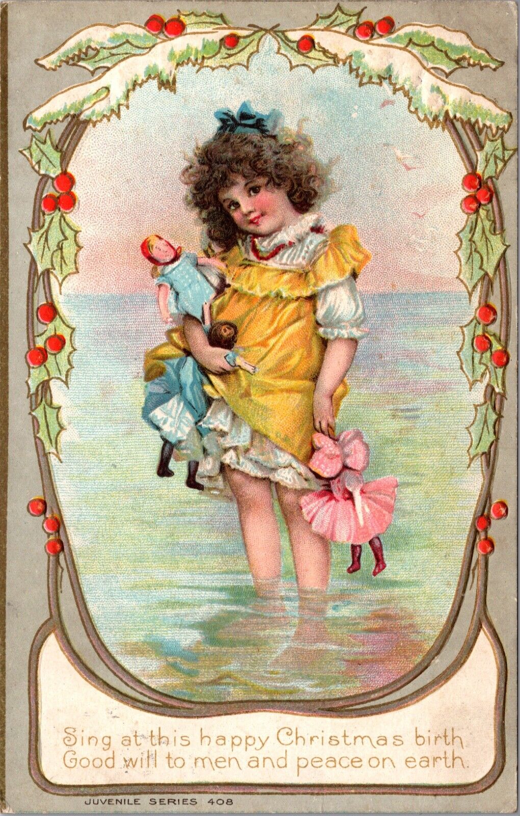 Christmas Postcard Young Girl Standing in Ocean Holden Dolls Good Will to Men