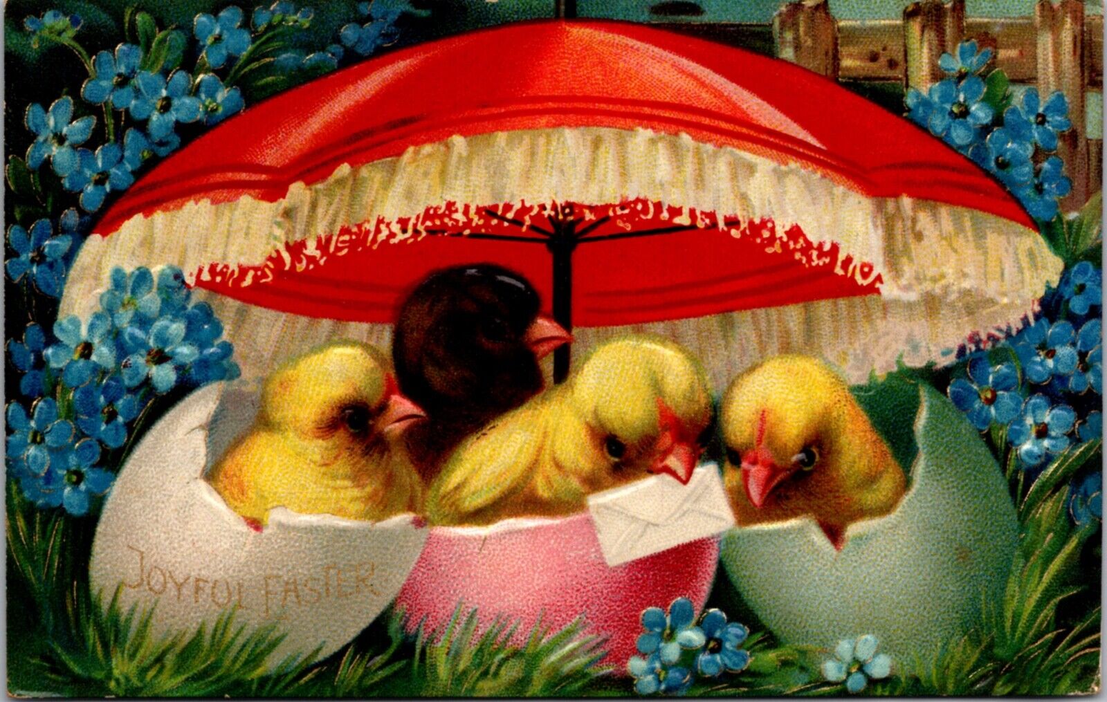 Easter Postcard Chicks Sitting in Broken Colored Eggshells Envelope Umbrella