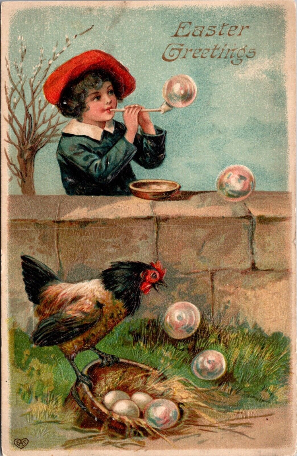 Easter PC Boy Blowing Bubbles Out of Pipe Chicken Confusing Eggs and Bubbles