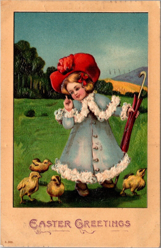 Easter Postcard Well Dressed Little Girl Holding Umbrella Chicks