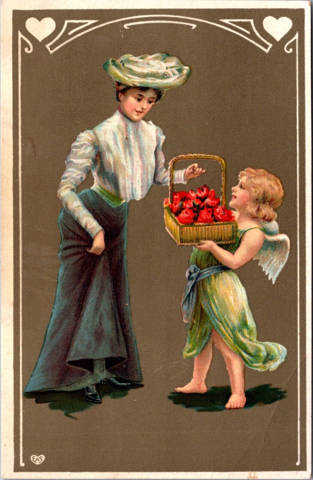 Valentine Postcard Cherub Cupid Angel Offering Woman Basket of Roses