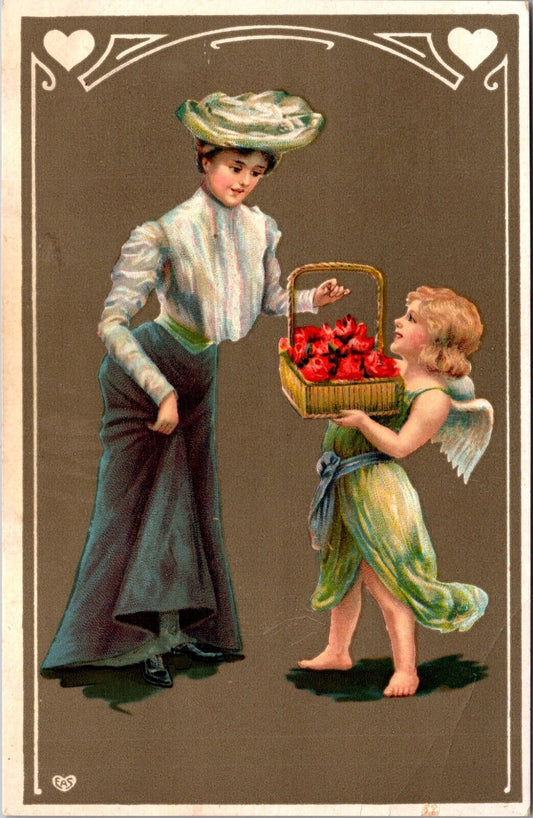 Valentine Postcard Cherub Cupid Angel Offering Woman Basket of Roses