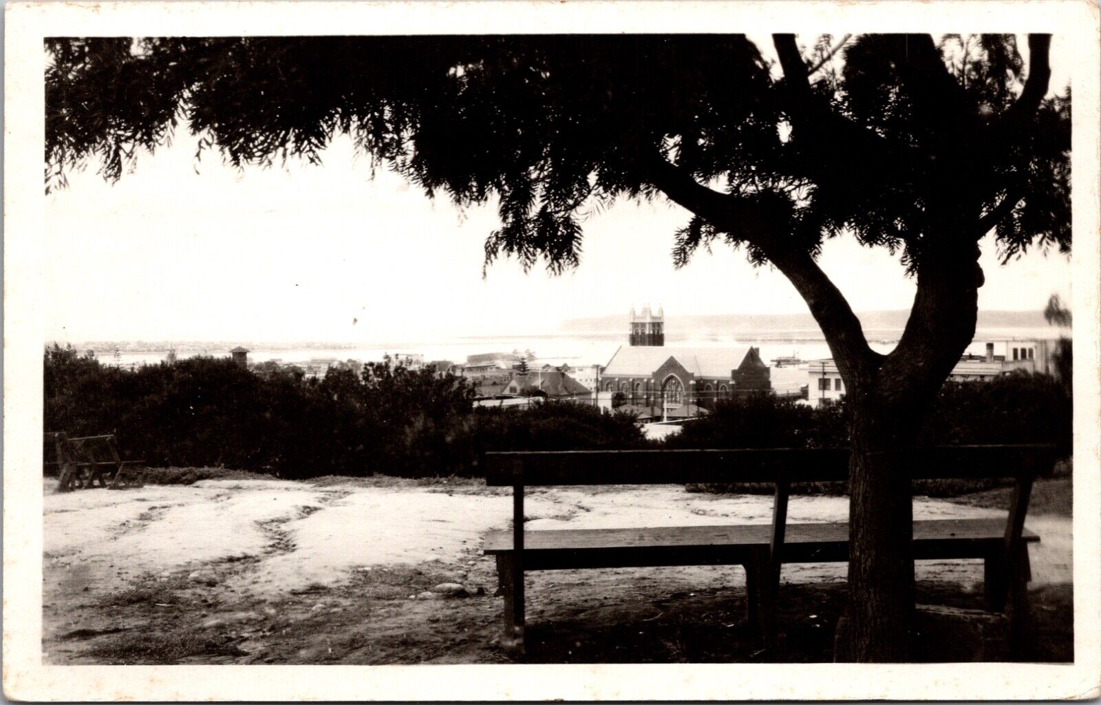 RPPC View San Diego California Point Loma Church Ocean Coronado from Park Bench