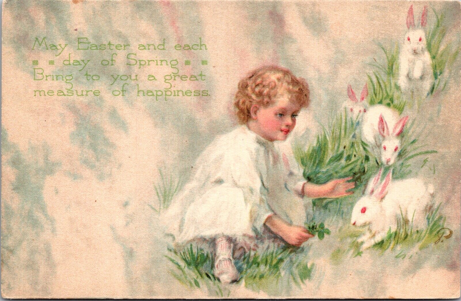 Easter Postcard Young Child with White Bunny Rabbits in the Grass