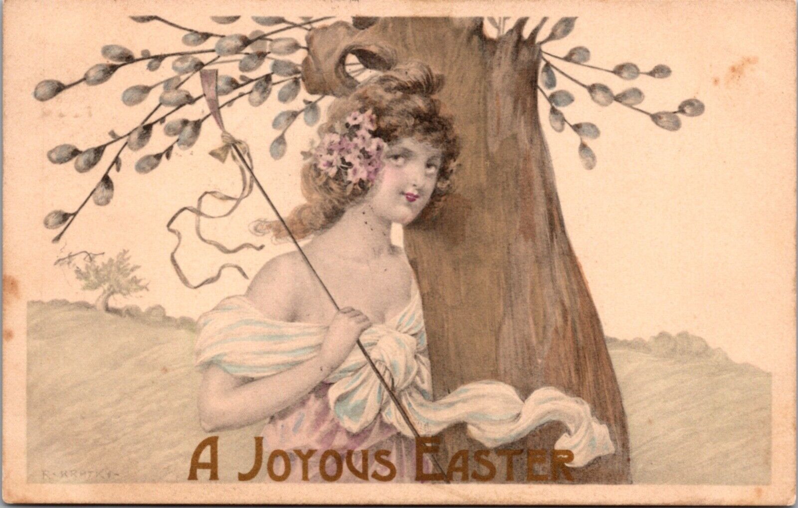 Easter Postcard Beautiful Woman Next to Pussy Willow Tree