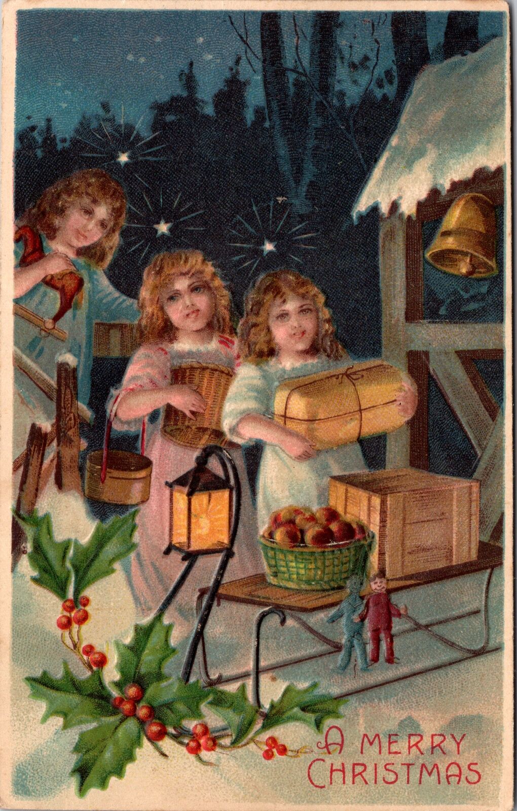 Christmas Postcard Three Angel Girls Bringing Gifts on a Sled