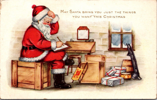 Christmas Postcard Santa Claus Sitting in His Workshop Making a List