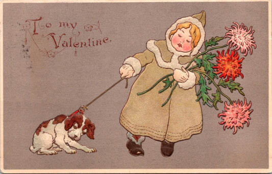 Valentine Postcard Young Girl Holding Flowers Pulling on Dog Collar Leash