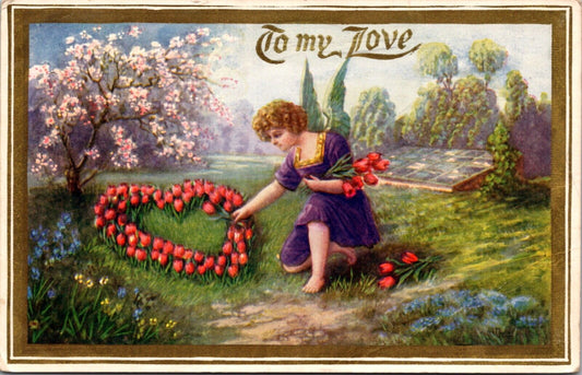 Valentine's Day Postcard Cupid Cherub Picking Tulips Planted in a Heart Shape