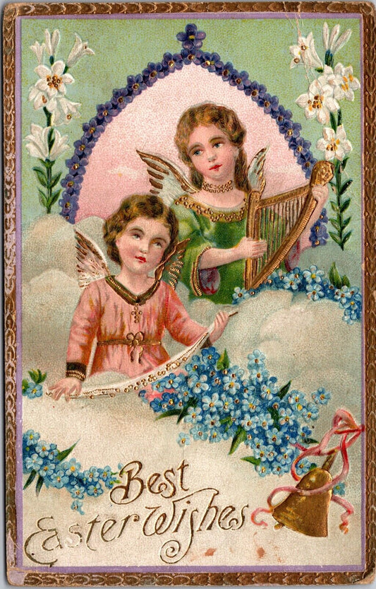 Easter Postcard Angels In the Clouds Playing Music Flowers Gold Bell